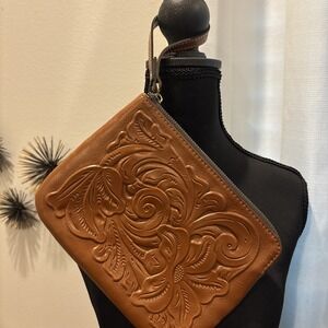 Patricia Nash Leather Embossed Floral Wristlet Clutch Brown Tooled Western